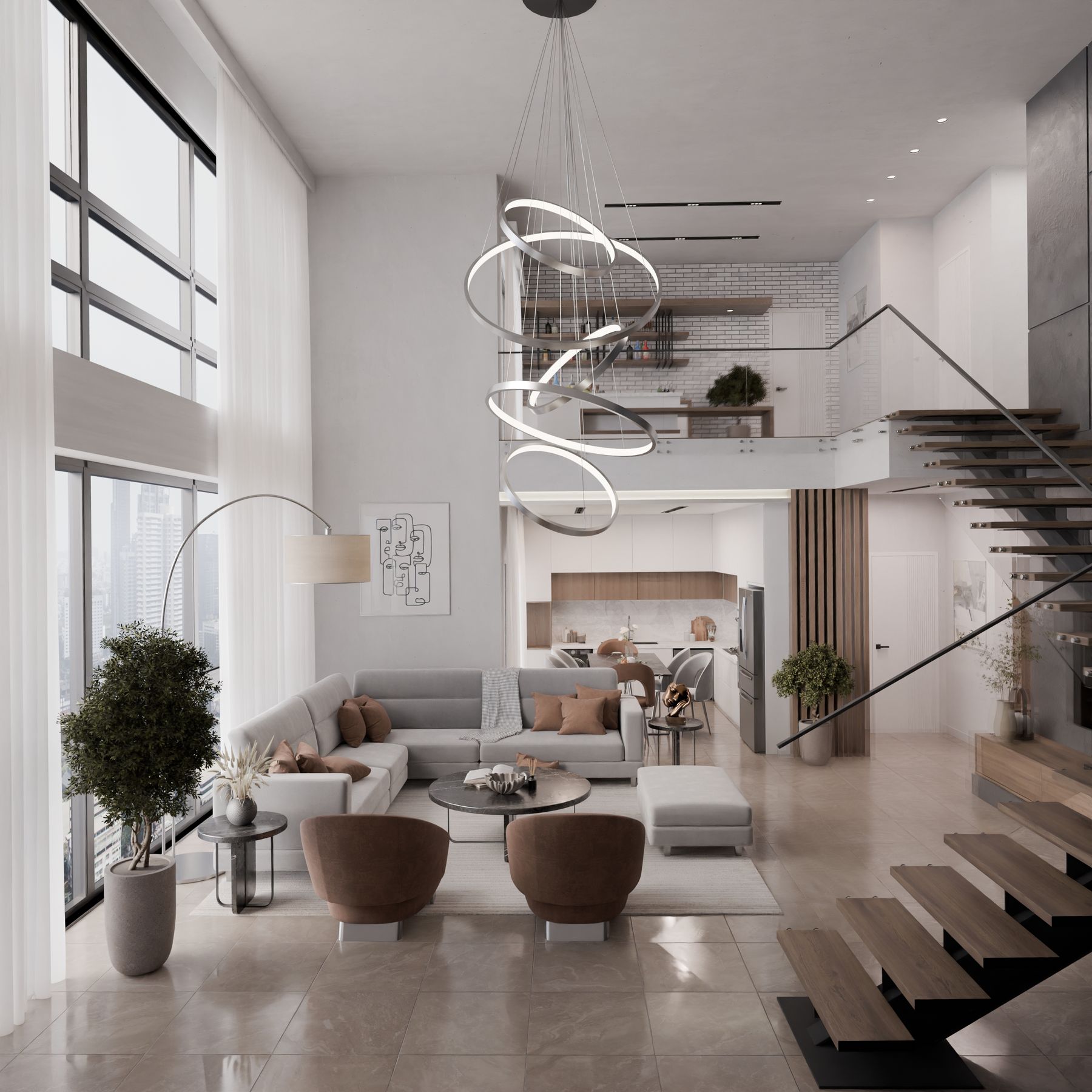 Finished two-story living room with a floating staircase