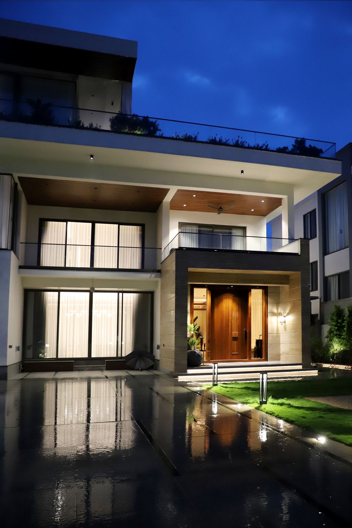 Finished modern house lit up at night